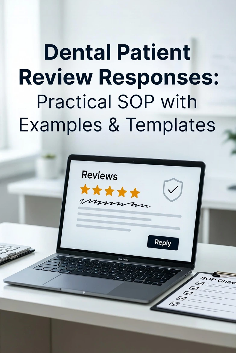Blog graphic reading “Dental Patient Review Responses: Practical SOP with Examples & Templates,” above a laptop showing a reviews screen with star ratings, a “Reply” button, a shield icon, and an SOP checklist on the desk.